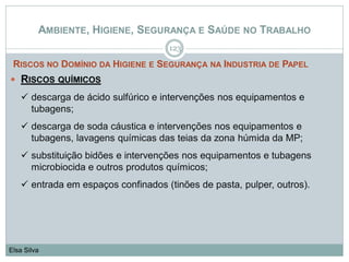 AMBIENTE, HIGIENE, SEGURANÇA E SAÚDE NO TRABALHO
RISCOS NO DOMÍNIO DA HIGIENE E SEGURANÇA NA INDUSTRIA DE PAPEL
123
Elsa Silva
 RISCOS QUÍMICOS
 descarga de ácido sulfúrico e intervenções nos equipamentos e
tubagens;
 descarga de soda cáustica e intervenções nos equipamentos e
tubagens, lavagens químicas das teias da zona húmida da MP;
 substituição bidões e intervenções nos equipamentos e tubagens
microbiocida e outros produtos químicos;
 entrada em espaços confinados (tinões de pasta, pulper, outros).
 