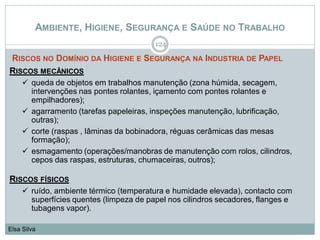 AMBIENTE, HIGIENE, SEGURANÇA E SAÚDE NO TRABALHO
RISCOS NO DOMÍNIO DA HIGIENE E SEGURANÇA NA INDUSTRIA DE PAPEL
124
Elsa Silva
RISCOS MECÂNICOS
 queda de objetos em trabalhos manutenção (zona húmida, secagem,
intervenções nas pontes rolantes, içamento com pontes rolantes e
empilhadores);
 agarramento (tarefas papeleiras, inspeções manutenção, lubrificação,
outras);
 corte (raspas , lâminas da bobinadora, réguas cerâmicas das mesas
formação);
 esmagamento (operações/manobras de manutenção com rolos, cilindros,
cepos das raspas, estruturas, chumaceiras, outros);
RISCOS FÍSICOS
 ruído, ambiente térmico (temperatura e humidade elevada), contacto com
superfícies quentes (limpeza de papel nos cilindros secadores, flanges e
tubagens vapor).
 