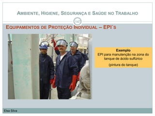 AMBIENTE, HIGIENE, SEGURANÇA E SAÚDE NO TRABALHO
EQUIPAMENTOS DE PROTEÇÃO INDIVIDUAL – EPI´S
147
Elsa Silva
Exemplo
EPI para manutenção na zona do
tanque de ácido sulfúrico
(pintura do tanque)
 