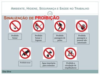 AMBIENTE, HIGIENE, SEGURANÇA E SAÚDE NO TRABALHO
SINALIZAÇÃO DE PROÍBIÇÃO
156
Elsa Silva
Proibido
fumar
Proibido
fumar e
foguear
Proibido
passagem de
peões
Água imprópria
para consumo
Proibida
passagem a
pessoal não
autorizado
Proibida a
circulação de
empilhadores
Proibido tocar
 