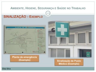 AMBIENTE, HIGIENE, SEGURANÇA E SAÚDE NO TRABALHO
SINALIZAÇÃO - EXEMPLO
175
Elsa Silva
Planta de emergência
(Exemplo) Sinalização de Posto
Médico (Exemplo)
 