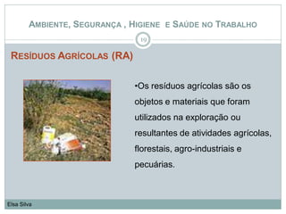 RESÍDUOS AGRÍCOLAS (RA)
19
Elsa Silva
AMBIENTE, SEGURANÇA , HIGIENE E SAÚDE NO TRABALHO
•Os resíduos agrícolas são os
objetos e materiais que foram
utilizados na exploração ou
resultantes de atividades agrícolas,
florestais, agro-industriais e
pecuárias.
 