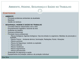 CONTEÚDOS
 AMBIENTE
 Principais problemas ambientais da atualidade
 Resíduos
 Gestão de resíduos
 SEGURANÇA, HIGIENE E SAÚDE NO TRABALHO
 Conceitos básicos relacionados com a shst
 Enquadramento legislativo nacional da shst
 Acidentes de trabalho
 Doenças profissionais
 Principais riscos profissionais
 - Riscos biológicos; Agentes biológicos; Vias de entrada no organismo; Medidas de prevenção e
proteção
 - Riscos Físicos ; Ambiente térmico; Iluminação; Radiações; Ruído; Vibrações
 - Riscos químicos
 - Riscos de Segurança: incêndio ou explosão
 - Riscos elétricos
 - Riscos mecânicos
 - Riscos ergonómicos
 - Riscos psicossociais
 Sinalização de segurança e saúde
 Equipamentos de proteção coletiva e de proteção individual
3
Elsa Silva
AMBIENTE, HIGIENE, SEGURANÇA E SAÚDE NO TRABALHO
 