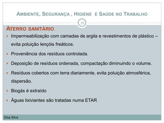 ATERRO SANITÁRIO
31
Elsa Silva
AMBIENTE, SEGURANÇA , HIGIENE E SAÚDE NO TRABALHO
 Impermeabilização com camadas de argila e revestimentos de plástico –
evita poluição lençóis freáticos.
 Proveniência dos resíduos controlada.
 Deposição de resíduos ordenada, compactação diminuindo o volume.
 Resíduos cobertos com terra diariamente, evita poluição atmosférica,
dispersão.
 Biogás é extraído
 Águas lixiviantes são tratadas numa ETAR
 