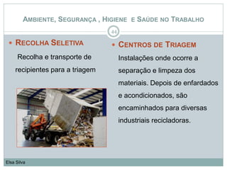  RECOLHA SELETIVA
Recolha e transporte de
recipientes para a triagem
44
Elsa Silva
AMBIENTE, SEGURANÇA , HIGIENE E SAÚDE NO TRABALHO
 CENTROS DE TRIAGEM
Instalações onde ocorre a
separação e limpeza dos
materiais. Depois de enfardados
e acondicionados, são
encaminhados para diversas
industriais recicladoras.
 