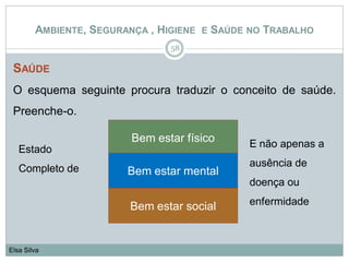 SAÚDE
O esquema seguinte procura traduzir o conceito de saúde.
Preenche-o.
58
Elsa Silva
Bem estar físico
Bem estar mental
Bem estar social
Estado
Completo de
E não apenas a
ausência de
doença ou
enfermidade
AMBIENTE, SEGURANÇA , HIGIENE E SAÚDE NO TRABALHO
 