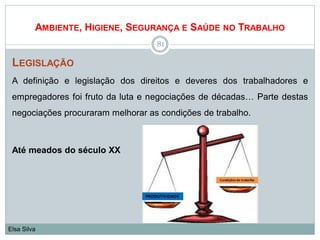 AMBIENTE, HIGIENE, SEGURANÇA E SAÚDE NO TRABALHO
LEGISLAÇÃO
A definição e legislação dos direitos e deveres dos trabalhadores e
empregadores foi fruto da luta e negociações de décadas… Parte destas
negociações procuraram melhorar as condições de trabalho.
Até meados do século XX
81
Elsa Silva
 