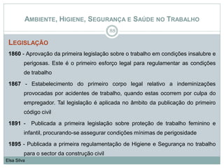 AMBIENTE, HIGIENE, SEGURANÇA E SAÚDE NO TRABALHO
LEGISLAÇÃO
1860 - Aprovação da primeira legislação sobre o trabalho em condições insalubre e
perigosas. Este é o primeiro esforço legal para regulamentar as condições
de trabalho
1867 - Estabelecimento do primeiro corpo legal relativo a indeminizações
provocadas por acidentes de trabalho, quando estas ocorrem por culpa do
empregador. Tal legislação é aplicada no âmbito da publicação do primeiro
código civil
1891 - Publicada a primeira legislação sobre proteção de trabalho feminino e
infantil, procurando-se assegurar condições mínimas de perigosidade
1895 - Publicada a primeira regulamentação de Higiene e Segurança no trabalho
para o sector da construção civil
88
Elsa Silva
 