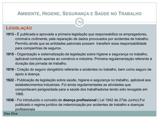 AMBIENTE, HIGIENE, SEGURANÇA E SAÚDE NO TRABALHO
LEGISLAÇÃO
1913 - É publicada e aprovada a primeira legislação que responsabiliza os empregadores,
criminal e civilmente, pela reparação de dados provocados por acidentes de trabalho.
Permitiu ainda que as entidades patronais possam transferir essa responsabilidade
para companhias de seguros.
1915 - Organização e sistematização de legislação sobre higiene e segurança no trabalho,
aplicável contudo apenas ao comércio e indústria. Primeira regulamentação referente à
duração das jornada de trabalho.
1919 - Criação do seguro obrigatório referente a acidentes no trabalho, bem como seguro de
apoio à doença.
1922 - Publicação de legislação sobre saúde, higiene e segurança no trabalho, aplicável aos
estabelecimentos industriais. Foi ainda regulamentadas as atividades que
comportavam perigosidade para a saúde dos trabalhadores tendo sido revogada em
1966.
1936 - Foi introduzido o conceito de doença profissional ( Lei 1942 de 27de Junho).Foi
publicado o regime jurídico de indeminização por acidentes de trabalho e doenças
profissionais
89
Elsa Silva
 