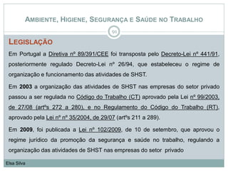 AMBIENTE, HIGIENE, SEGURANÇA E SAÚDE NO TRABALHO
LEGISLAÇÃO
Em Portugal a Diretiva nº 89/391/CEE foi transposta pelo Decreto-Lei nº 441/91,
posteriormente regulado Decreto-Lei nº 26/94, que estabeleceu o regime de
organização e funcionamento das atividades de SHST.
Em 2003 a organização das atividades de SHST nas empresas do setor privado
passou a ser regulada no Código do Trabalho (CT) aprovado pela Lei nº 99/2003,
de 27/08 (artºs 272 a 280), e no Regulamento do Código do Trabalho (RT),
aprovado pela Lei nº nº 35/2004, de 29/07 (artºs 211 a 289).
Em 2009, foi publicada a Lei nº 102/2009, de 10 de setembro, que aprovou o
regime jurídico da promoção da segurança e saúde no trabalho, regulando a
organização das atividades de SHST nas empresas do setor privado
91
Elsa Silva
 