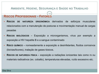 AMBIENTE, HIGIENE, SEGURANÇA E SAÚDE NO TRABALHO
RISCOS PROFISSIONAIS - FATORES
 RISCOS DE NATUREZA ERGONÓMICA derivados de esforços musculares
relacionados com a manutenção de posturas e movimentação manual de cargas
pesadas
 RISCOS BIOLÓGICOS – Exposição a microrganismos, vírus por exemplo a
exposição a HIV hepatite B e a sangue contaminado
 RISCO QUÍMICO – nomeadamente a exposição a desinfetantes, fluidos corrosivos
(lixivias/licores), inalação de gases tóxicos.
 RISCOS DE NATUREZA FÍSICA – exposição a radiações ionizantes tais como rx ou
materiais radioativos (ex. cobalto), temperaturas elevadas, ruído excessivo etc.
99
Elsa Silva
 