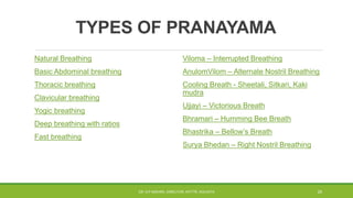 TYPES OF PRANAYAMA
Natural Breathing
Basic Abdominal breathing
Thoracic breathing
Clavicular breathing
Yogic breathing
Deep breathing with ratios
Fast breathing
Viloma – Interrupted Breathing
AnulomVilom – Alternate Nostril Breathing
Cooling Breath - Sheetali, Sitkari, Kaki
mudra
Ujjayi – Victorious Breath
Bhramari – Humming Bee Breath
Bhastrika – Bellow’s Breath
Surya Bhedan – Right Nostril Breathing
DR. D.P.MISHRA, DIRECTOR, NITTTR, KOLKATA 29
 