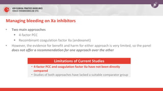 Managing bleeding on Xa inhibitors
• Two main approaches
 4-factor PCC
 Recombinant coagulation factor Xa (andexanet)
• However, the evidence for benefit and harm for either approach is very limited, so the panel
does not offer a recommendation for one approach over the other
Limitations of Current Studies
• 4-factor PCC and coagulation factor Xa have not been directly
compared
• Studies of both approaches have lacked a suitable comparator group
 