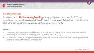 Recommendation
In patients with life-threatening bleeding during dabigatran treatment for VTE, the
panel suggests using idarucizumab in addition to cessation of dabigatran rather than no
idarucizumab (conditional recommendation, very low certainty)
Remarks:
• Compared with non-idarucizumab control group, patients receiving idarucizumab may have had less
worsening or recurrence of bleeding (RR 0.12 [95% CI, 0.03 to 0.43])
• In one cohort study, 6.3% of patients who received idarucizumab for uncontrolled bleeding developed
arterial or venous thrombosis within 90 days
CV Pollack NEJM 2017
 