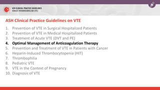 ASH Clinical Practice Guidelines on VTE
1. Prevention of VTE in Surgical Hospitalized Patients
2. Prevention of VTE in Medical Hospitalized Patients
3. Treatment of Acute VTE (DVT and PE)
4. Optimal Management of Anticoagulation Therapy
5. Prevention and Treatment of VTE in Patients with Cancer
6. Heparin-Induced Thrombocytopenia (HIT)
7. Thrombophilia
8. Pediatric VTE
9. VTE in the Context of Pregnancy
10. Diagnosis of VTE
 