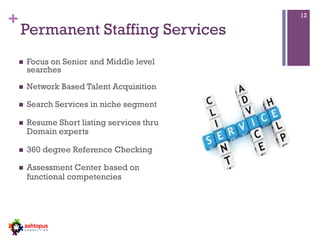+
Permanent Staffing Services
n  Focus on Senior and Middle level
searches
n  Network Based Talent Acquisition
n  Search Services in niche segment
n  Resume Short listing services thru
Domain experts
n  360 degree Reference Checking
n  Assessment Center based on
functional competencies
12
 