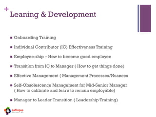 +
Leaning & Development
n  Onboarding Training
n  Individual Contributor (IC) Effectiveness Training
n  Employee-ship – How to become good employee
n  Transition from IC to Manager ( How to get things done)
n  Effective Management ( Management Processes/Nuances
n  Self-Obsolescence Management for Mid-Senior Manager
( How to calibrate and learn to remain employable)
n  Manager to Leader Transition ( Leadership Training)
 