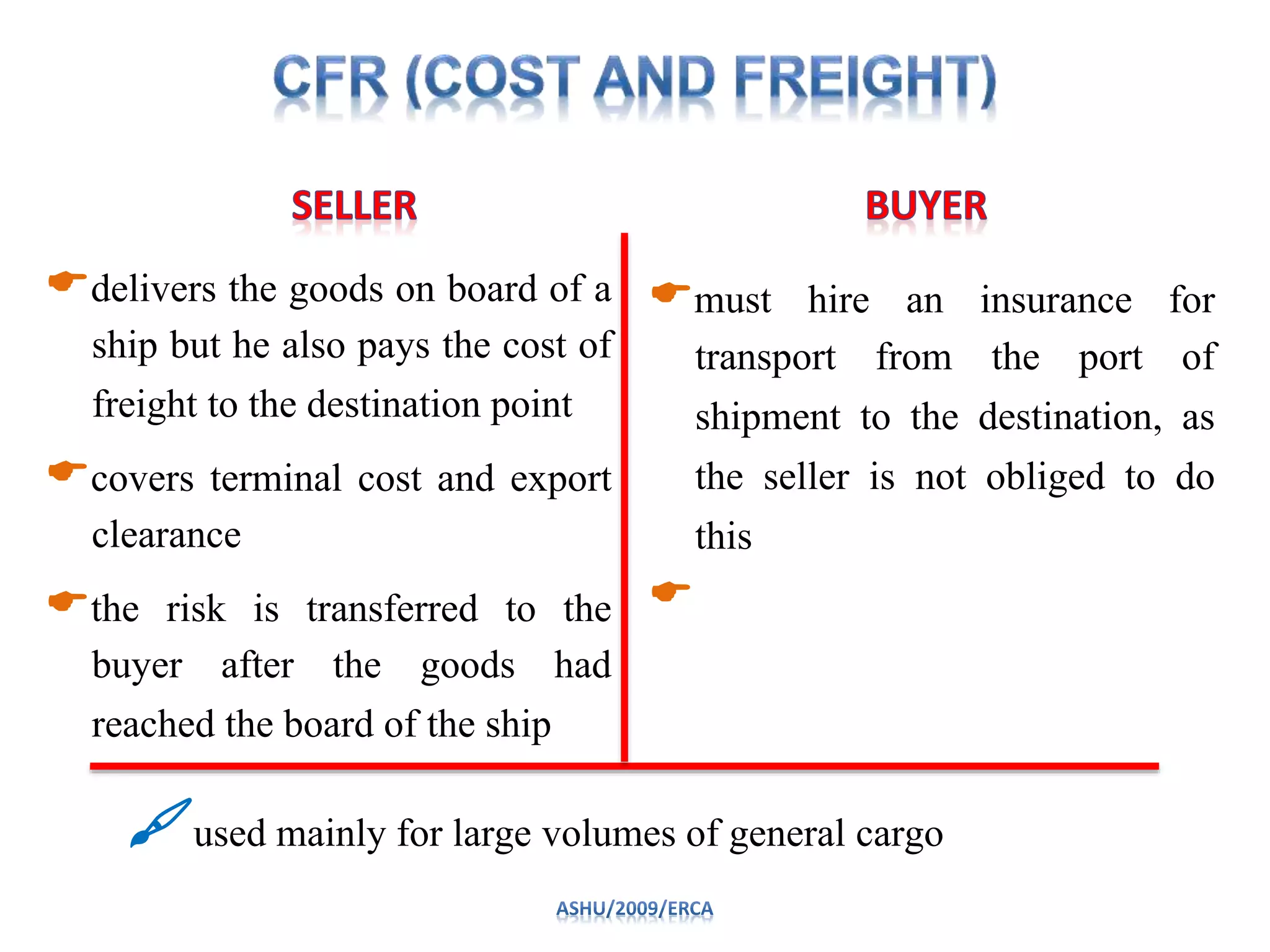 delivers the goods on board of a
ship but he also pays the cost of
freight to the destination point
covers terminal cost and export
clearance
the risk is transferred to the
buyer after the goods had
reached the board of the ship
must hire an insurance for
transport from the port of
shipment to the destination, as
the seller is not obliged to do
this

used mainly for large volumes of general cargo
 