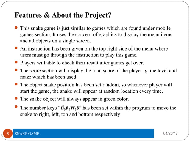 project on snake game in c language | PPT