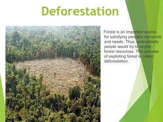 Deforestation
Forest is an important source
for satisfying people's demands
and needs. Thus, undoubtedly
people would try to exploit
forest resources. This process
of exploiting forest is called
deforestation.
 