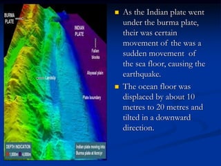  As the Indian plate went
under the burma plate,
their was certain
movement of the was a
sudden movement of
the sea floor, causing the
earthquake.
 The ocean floor was
displaced by about 10
metres to 20 metres and
tilted in a downward
direction.
 