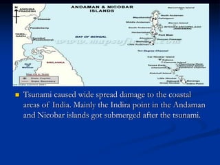  Tsunami caused wide spread damage to the coastal
areas of India. Mainly the Indira point in the Andaman
and Nicobar islands got submerged after the tsunami.
 