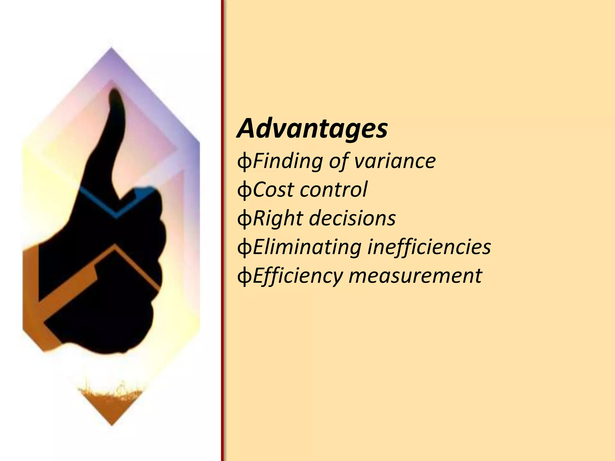 The normal standard concept is theoretical and cannot be used for cost control purpose. Normal standard can be properly applied for absorption of overhead cost over a long period of time.NormalNormal standard has been defined as a standard which, it is anticipated, can be attained over a future period of time, preferably long enough to cover one trade cycle. The standard attempts to cover variance in the production from one time to another time. An average is taken from the periods of recession and depression.