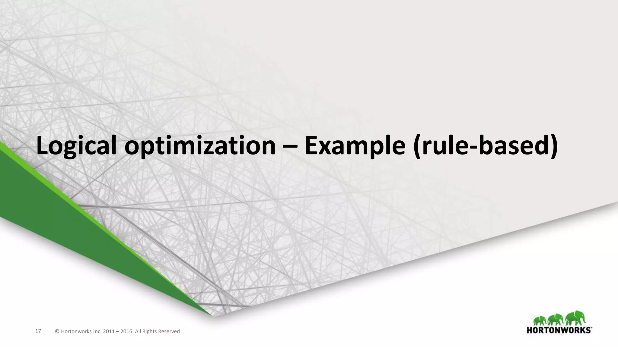 17 © Hortonworks Inc. 2011 – 2016. All Rights Reserved
Logical optimization – Example (rule-based)
 