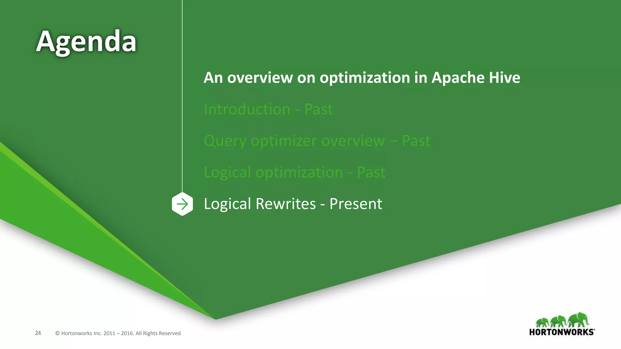 24 © Hortonworks Inc. 2011 – 2016. All Rights Reserved
Agenda
An overview on optimization in Apache Hive
Introduction - Past
Query optimizer overview – Past
Logical optimization - Past
Logical Rewrites - Present
 
