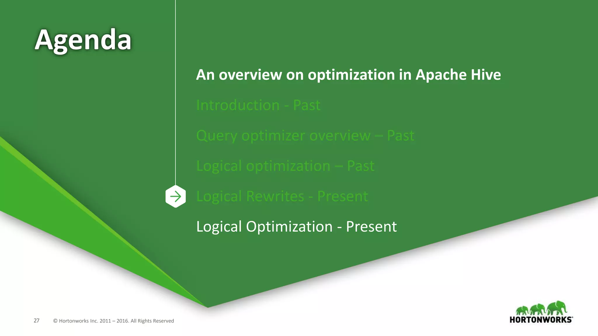 27 © Hortonworks Inc. 2011 – 2016. All Rights Reserved
Agenda
An overview on optimization in Apache Hive
Introduction - Past
Query optimizer overview – Past
Logical optimization – Past
Logical Rewrites - Present
Logical Optimization - Present
 