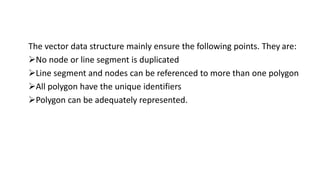 The vector data structure mainly ensure the following points. They are:
No node or line segment is duplicated
Line segment and nodes can be referenced to more than one polygon
All polygon have the unique identifiers
Polygon can be adequately represented.
 