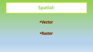 Spatial:
•Vector
•Raster
 