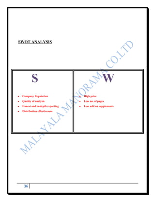 SWOT ANALYSIS




        S                                       W
 Company Reputation              High price
 Quality of analysis             Less no. of pages
 Honest and in-depth reporting   Less add on supplements
 Distribution effectiveness




  36
 