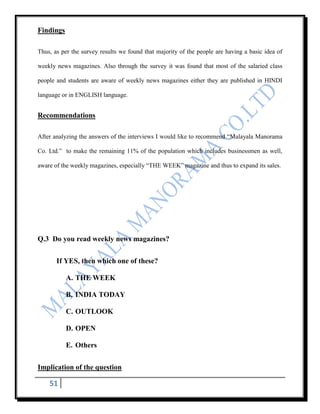Findings

Thus, as per the survey results we found that majority of the people are having a basic idea of

weekly news magazines. Also through the survey it was found that most of the salaried class

people and students are aware of weekly news magazines either they are published in HINDI

language or in ENGLISH language.


Recommendations

After analyzing the answers of the interviews I would like to recommend “Malayala Manorama

Co. Ltd.” to make the remaining 11% of the population which includes businessmen as well,

aware of the weekly magazines, especially “THE WEEK” magazine and thus to expand its sales.




Q.3 Do you read weekly news magazines?


       If YES, then which one of these?

           A. THE WEEK

           B. INDIA TODAY

           C. OUTLOOK

           D. OPEN

           E. Others


Implication of the question

    51
 