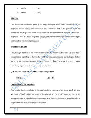 iv.   OPEN             -    3%

         v.    Others           -    2%


Findings

Thus analysis of the answers given by the people surveyed, it was found that majority of the

people are reading weekly news magazines. Also, the second part of the question shows that

majority of the people read India Today; thereafter they read Outlook and then “The Week”

magazine. Thus “The Week” magazine is lagging behind the two magazines and has to compete

with these two major selling magazines.


Recommendations

Thus, through the study it can be recommended that the Malayala Manorama Co. Ltd. should

concentrate on expanding its share in the weekly news magazines market and try to give the best

product to the customers through the best features, it should also go for an extensive

promotion program so as to acquire a larger market share.


Q.4 Do you know about “The Week” magazine?


       (i)YES                                      (ii) NO


Implication of the question

This question has been included in the questionnaire to know as to how many people i.e. what

percentage of North Indians are aware of the existence of “The Week” magazine, since it is a

major publication in South India and has emerged from the South Indian markets and still a lot of

people find themselves unaware of this magazine.


    53
 