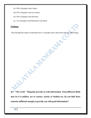(ii) 40% of peoples want t-shirts.

   (iii) 25% of peoples want set of pens.

   (iv) 20% of peoples want discount.

   (v) 5% of peoples want Manorama Year Book


Findings

Thus through this study we find that more % of people want t-shirt more than any other things.




Q.7 “The week” Magazine provide us with information from different fields

may be it is politics, art or science, society or fashion etc. do you find these

contents sufficient enough to provide you with good information?


    59
 