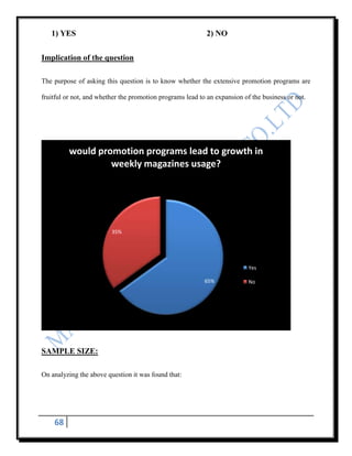 1) YES                                                   2) NO


Implication of the question

The purpose of asking this question is to know whether the extensive promotion programs are

fruitful or not, and whether the promotion programs lead to an expansion of the business or not.




          would promotion programs lead to growth in
                   weekly magazines usage?




                         35%




                                                                           Yes

                                                           65%             No




SAMPLE SIZE:

On analyzing the above question it was found that:




    68
 