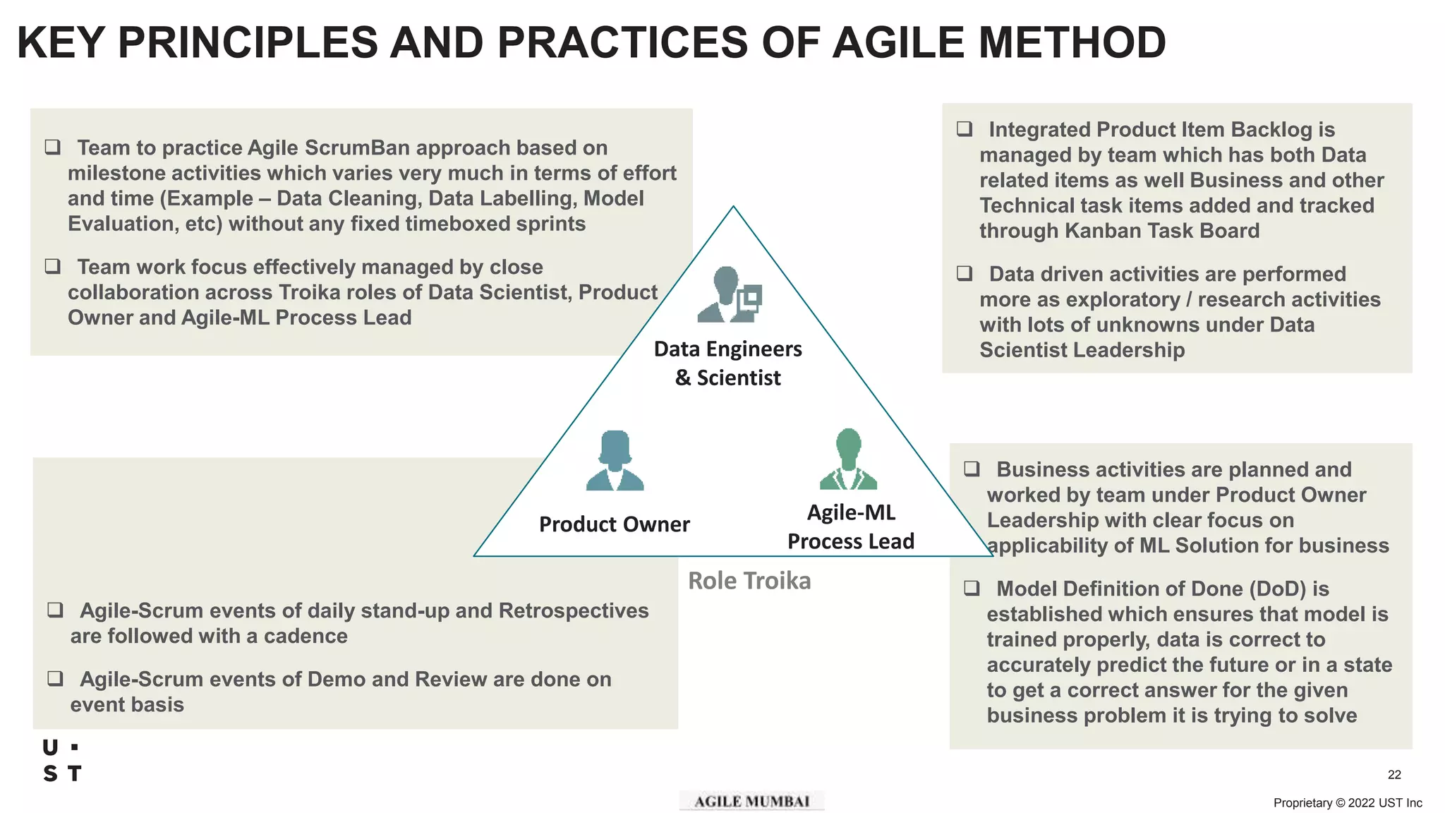 Proprietary © 2022 UST Inc
22
KEY PRINCIPLES AND PRACTICES OF AGILE METHOD
 Team to practice Agile ScrumBan approach based on
milestone activities which varies very much in terms of effort
and time (Example – Data Cleaning, Data Labelling, Model
Evaluation, etc) without any fixed timeboxed sprints
 Team work focus effectively managed by close
collaboration across Troika roles of Data Scientist, Product
Owner and Agile-ML Process Lead
 Integrated Product Item Backlog is
managed by team which has both Data
related items as well Business and other
Technical task items added and tracked
through Kanban Task Board
 Data driven activities are performed
more as exploratory / research activities
with lots of unknowns under Data
Scientist Leadership
 Agile-Scrum events of daily stand-up and Retrospectives
are followed with a cadence
 Agile-Scrum events of Demo and Review are done on
event basis
 Business activities are planned and
worked by team under Product Owner
Leadership with clear focus on
applicability of ML Solution for business
 Model Definition of Done (DoD) is
established which ensures that model is
trained properly, data is correct to
accurately predict the future or in a state
to get a correct answer for the given
business problem it is trying to solve
Product Owner
Data Engineers
& Scientist
Agile-ML
Process Lead
Role Troika
 