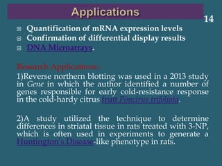 Quantification of mRNA expression levels
 Confirmation of differential display results
 DNA Microarrays.
Research Applications:-
1)Reverse northern blotting was used in a 2013 study
in Gene in which the author identified a number of
genes responsible for early cold-resistance response
in the cold-hardy citrus fruit Poncirus trifoliata.
2)A study utilized the technique to determine
differences in striatal tissue in rats treated with 3-NP,
which is often used in experiments to generate a
Huntington’s Disease-like phenotype in rats.
14
 