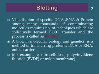  Visualisation of specific DNA ,RNA & Protein
among many thousands of contaminating
molecules requires no. of techniques which are
collectively termed BLOT transfer and the
process is called as Blotting.
 A blot, in molecular biology and genetics, is a
method of transferring proteins, DNA or RNA,
onto a carrier
 (for example, a nitrocellulose, polyvinylidene
fluoride (PVDF) or nylon membrane)
2
 