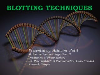 BLOTTING TECHNIQUES
Presented by: Ashwini Patil
M. Pharm (Pharmacology) Sem: II
Department of Pharmacology
R.C Patel Institute of Pharmaceutical Education and
Research, Shirpur
 