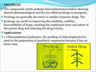 PRODRUGS
The compounds which undergo biotransformation before showing
desired pharmacological activity are called prodrugs or proagents.
Prodrugs are generally the esters or amides of parent drugs. The
prodrugs are useful in improving the solubility, stability,
bioavailability of drugs, masking the unpleasant taste and odour of
the parent drug and reducing the drug toxicity.
Applications
1. Chloramphenicol palmitate, the prodrug of chloramphenicol is
used in the preparation of paediatric suspension because it has no
bitter taste.
 