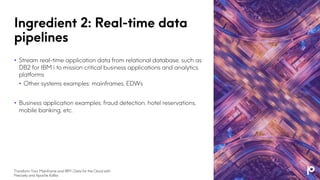 Ingredient 2: Real-time data
pipelines
• Stream real-time application data from relational database, such as
DB2 for IBM i to mission critical business applications and analytics
platforms
• Other systems examples: mainframes, EDWs
• Business application examples: fraud detection, hotel reservations,
mobile banking, etc.
Transform Your Mainframe and IBM i Data for the Cloud with
Precisely and Apache Kafka
 