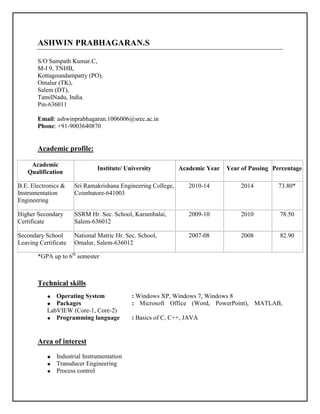 ASHWIN PRABHAGARAN.S
S/O Sampath Kumar.C,
M-I 9, TNHB,
Kottagoundampatty (PO),
Omalur (TK),
Salem (DT),
TamilNadu, India.
Pin-636011
Email: ashwinprabhagaran.1006006@srec.ac.in
Phone: +91-9003640870
Academic profile:
Academic
Qualification
Institute/ University Academic Year Year of Passing Percentage
B.E. Electronics &
Instrumentation
Engineering
Sri Ramakrishana Engineering College,
Coimbatore-641003
2010-14 2014 73.80*
Higher Secondary
Certificate
SSRM Hr. Sec. School, Karumbalai,
Salem-636012
2009-10 2010 78.50
Secondary School
Leaving Certificate
National Matric Hr. Sec. School,
Omalur, Salem-636012
2007-08 2008 82.90
*GPA up to 6th
semester
Technical skills
 Operating System : Windows XP, Windows 7, Windows 8
 Packages : Microsoft Office (Word, PowerPoint), MATLAB,
LabVIEW (Core-1, Core-2)
 Programming language : Basics of C, C++, JAVA
Area of interest
 Industrial Instrumentation
 Transducer Engineering
 Process control
 
