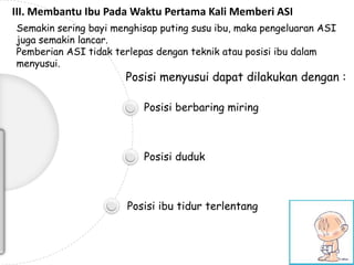 III. Membantu Ibu Pada Waktu Pertama Kali Memberi ASI
Semakin sering bayi menghisap puting susu ibu, maka pengeluaran ASI
juga semakin lancar.
Pemberian ASI tidak terlepas dengan teknik atau posisi ibu dalam
menyusui.

Posisi menyusui dapat dilakukan dengan :
Posisi berbaring miring

Posisi duduk

Posisi ibu tidur terlentang

 