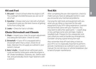 TIPS FOR THE ATV RIDER
9
9
Oil and Fuel
1. Oil Level – Check oil level while the engine is off.
You could get stranded because you are out of
oil or fuel.
2. Gasoline – Always start your ride with a full tank
of gasoline to give you the best chance of getting
home from a long ride.
3. Leaks – Check for fuel or oil leaks.
Chain/Driveshaft and Chassis
1. Chain – Inspect your chain for proper adjustment
and adequate lubrication. Check for wear.
2. Driveshaft – If your ATV is equipped with a
driveshaft rather than a chain, check for oil
leaks. Maintain the oil supply as outlined in your
owner’s manual.
3. Nuts ‘n bolts – Rough terrain will loosen parts.
Look and feel for loose parts while the engine is
off. Shake handlebars, footrests, etc., before each
ride, and periodically check major fasteners with
a wrench.
Tool Kit
After completing the pre-ride inspection, check to
make sure you have an adequate tool kit in case
you encounter any mechanical problems.
Carrying the right tools and equipment with you
when you go riding is important for the safe
enjoyment of your ATV riding experience. Examine
the tool kit that came with your machine. You
may want to add a few spare parts — a spark plug
or two, perhaps some wire and tape, maybe a
headlight bulb. Prepare for the unexpected, and
carry what you need to handle any emergencies.
Consider carrying a good strong tow rope.
Also remember that off-road riding is hard on
your ATV, so it is especially important to perform
periodic maintenance as outlined in your owner’s
manual. Do not risk injury or vehicle breakdown due
to lack of proper maintenance.
 