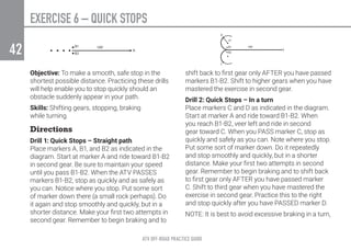 ATV OFF-ROAD PRACTICE GUIDE
42
EXERCISE 6 – QUICK STOPS
Objective: To make a smooth, safe stop in the
shortest possible distance. Practicing these drills
will help enable you to stop quickly should an
obstacle suddenly appear in your path.
Skills: Shifting gears, stopping, braking
while turning.
Directions
Drill 1: Quick Stops – Straight path
Place markers A, B1, and B2 as indicated in the
diagram. Start at marker A and ride toward B1-B2
in second gear. Be sure to maintain your speed
until you pass B1-B2. When the ATV PASSES
markers B1-B2, stop as quickly and as safely as
you can. Notice where you stop. Put some sort
of marker down there (a small rock perhaps). Do
it again and stop smoothly and quickly, but in a
shorter distance. Make your first two attempts in
second gear. Remember to begin braking and to
shift back to first gear only AFTER you have passed
markers B1-B2. Shift to higher gears when you have
mastered the exercise in second gear.
Drill 2: Quick Stops – In a turn
Place markers C and D as indicated in the diagram.
Start at marker A and ride toward B1-B2. When
you reach B1-B2, veer left and ride in second
gear toward C. When you PASS marker C, stop as
quickly and safely as you can. Note where you stop.
Put some sort of marker down. Do it repeatedly
and stop smoothly and quickly, but in a shorter
distance. Make your first two attempts in second
gear. Remember to begin braking and to shift back
to first gear only AFTER you have passed marker
C. Shift to third gear when you have mastered the
exercise in second gear. Practice this to the right
and stop quickly after you have PASSED marker D.
NOTE: It is best to avoid excessive braking in a turn,
 