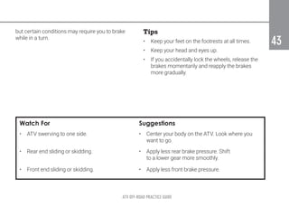 ATV OFF-ROAD PRACTICE GUIDE
43
43
but certain conditions may require you to brake
while in a turn.
Tips
•	 Keep your feet on the footrests at all times.
•	 Keep your head and eyes up.
•	 If you accidentally lock the wheels, release the
brakes momentarily and reapply the brakes
more gradually.
Watch For Suggestions
•	 ATV swerving to one side. •	 Center your body on the ATV. Look where you
want to go.
•	 Rear end sliding or skidding. •	 Apply less rear brake pressure. Shift
to a lower gear more smoothly.
•	 Front end sliding or skidding. •	 Apply less front brake pressure.
 