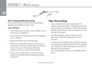 ATV OFF-ROAD PRACTICE GUIDE
46
EXERCISE 7 – HILLS (CONTINUED)
Drill 2: Stopping While Descending
As you descend the hill, slow down by gradually
applying the brake(s) and then stop.
Tips: Climbing
•	 Some hills are too steep for your abilities. Do not
exceed your capabilities.
•	 Some hills are too steep for your ATV regardless
of your abilities.
•	 Keep both feet firmly on the footrests.
•	 Shift your body weight forward on the seat as
you go up the hill. For steeper hills, lean forward
more, move up on the seat, or stand and
position your torso over the front wheels.
•	 As you near the top and turn, shift your body
weight to the uphill side for balance by leaning
into the hill.
Tips: Descending
•	 To go downhill, shift your weight back. On
steeper downward slopes, straighten but do not
lock your knees and elbows. Then bend forward
sharply at the waist so that your posterior is over
the back of the seat.
•	 Use the brake(s) to slow you down as you
descend the hill and always descend in a
low gear.
•	 The key to successfully performing this exercise
is to shift your weight smoothly from forward (as
you climb) to the uphill side (as you turn) and to
the rear (as you descend).
For smooth weight shifts, rise up slightly off the
seat.
 