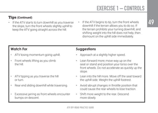 EXERCISE 1 – CONTROLS
ATV OFF-ROAD PRACTICE GUIDE
49
49
Tips (Continued)
•	 If the ATV starts to turn downhill as you traverse
the slope, turn the front wheels slightly uphill to
keep the ATV going straight across the hill.
•	 If the ATV begins to tip, turn the front wheels
downhill if the terrain allows you to do so. If
the terrain prohibits your turning downhill, and
shifting weight into the hill does not help, then
dismount on the uphill side immediately.
Watch For Suggestions
•	 ATV losing momentum going uphill. •	 Approach at a slightly higher speed.
•	 Front wheels lifting as you climb
the hill.
•	 Lean forward more; move way up on the
seat or stand and position your torso over the
front wheels. Do not accelerate as quickly up the
slope.
•	 ATV tipping as you traverse the hill
or turn.
•	 Lean into the hill more. Move off the seat toward
the uphill side. Weight the uphill footrest.
•	 Rear end sliding downhill while traversing. •	 Avoid abrupt changes in throttle position that
could cause the rear wheels to lose traction.
•	 Excessive jarring as front wheels encounter
bumps on descent.
•	 Shift more weight to the rear. Descend
more slowly.
 
